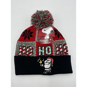 PEANUTS SNOOPY RED/BLACK POM POM CHRISTMAS BEANIE HOLIDAY HAT UNISEX ONE SIZE
